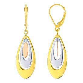 14k Tri-Color Gold Fancy Oval Teardrop Dangle Earrings