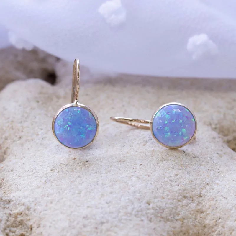 14K Yellow Gold Round Blue Opal 8mm Dangle Earrings