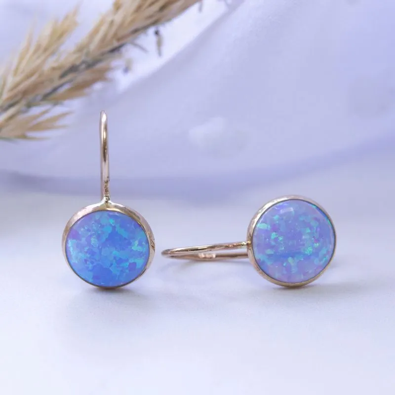 14K Yellow Gold Round Blue Opal 8mm Dangle Earrings