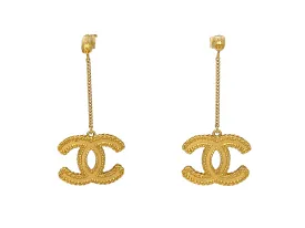 Chanel 12P Brushed Gold CC Logo Dangle Drop Pierced Earrings