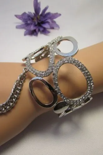 Gold Silver Metal Hand Chain Bracelet Cuff Multi Circles Shape Clear Rhinestones Women Trendy