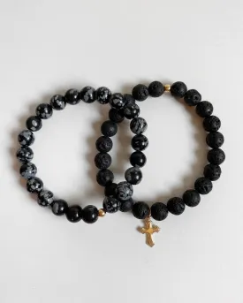 Obsidian And Lava Flared Cross Beaded Bracelet Set (10% Off)