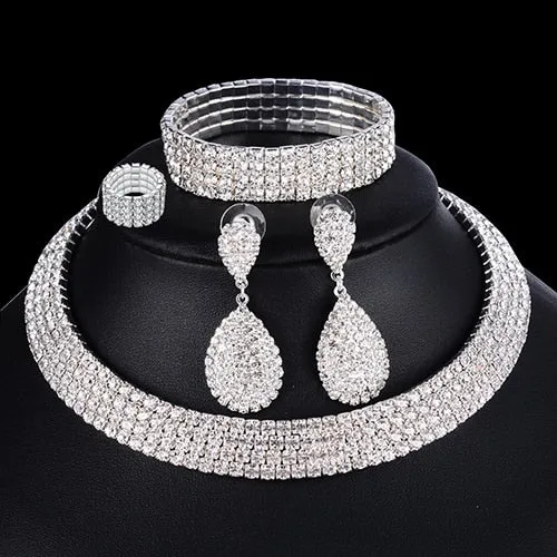 Women's Silver Color Rhinestone Earrings Bracelet Ring and Layered Choker Necklace Jewelry Set